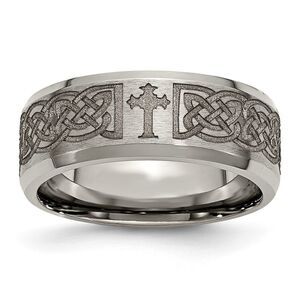 8mm Titanium Lasered Celtic Cross Beveled Standard Fit Band, Size 8